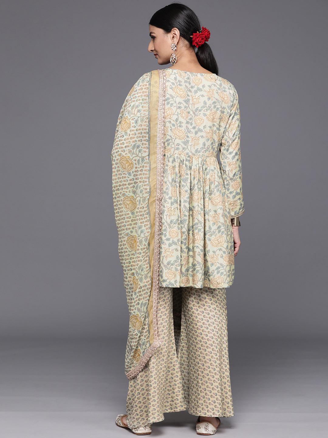 Green Printed Silk Blend A-Line Kurta With Sharara & Dupatta