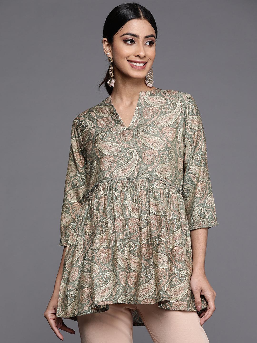 Green Printed Silk Blend A-Line Kurti