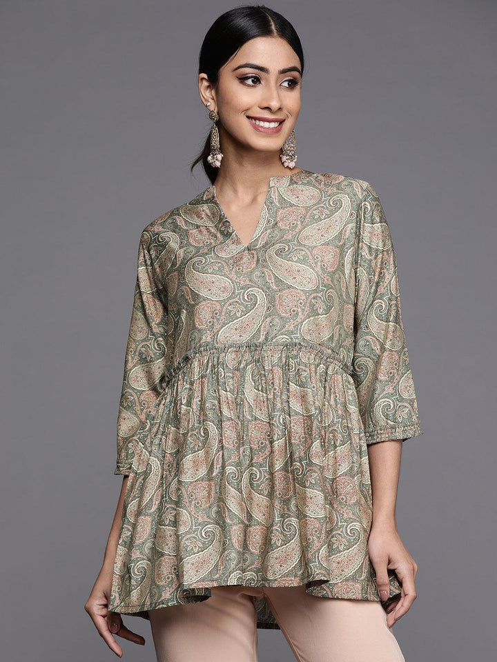 Green Printed Silk Blend A-Line Kurti - ShopLibas