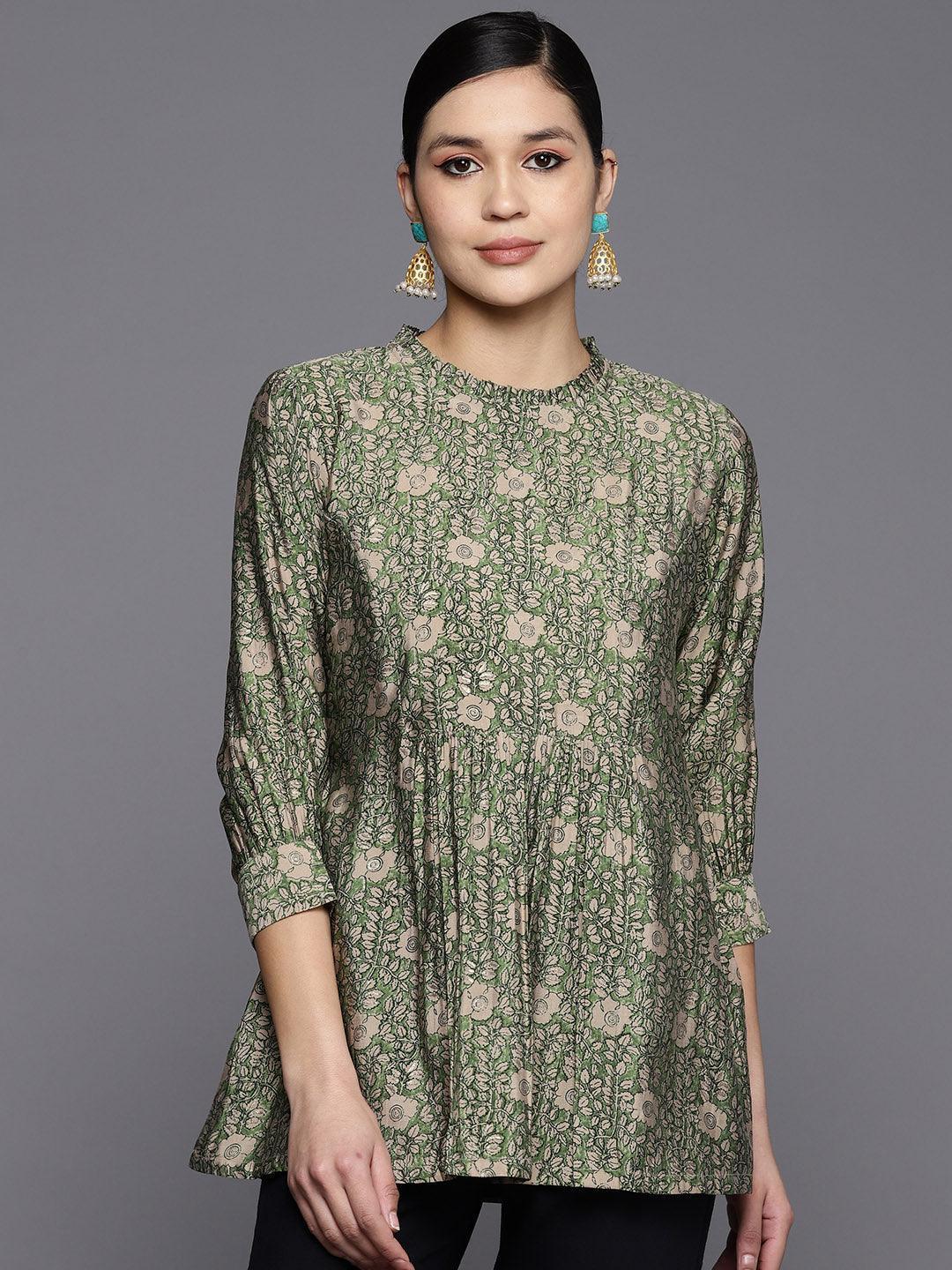 Green Printed Silk Blend A-Line Kurti