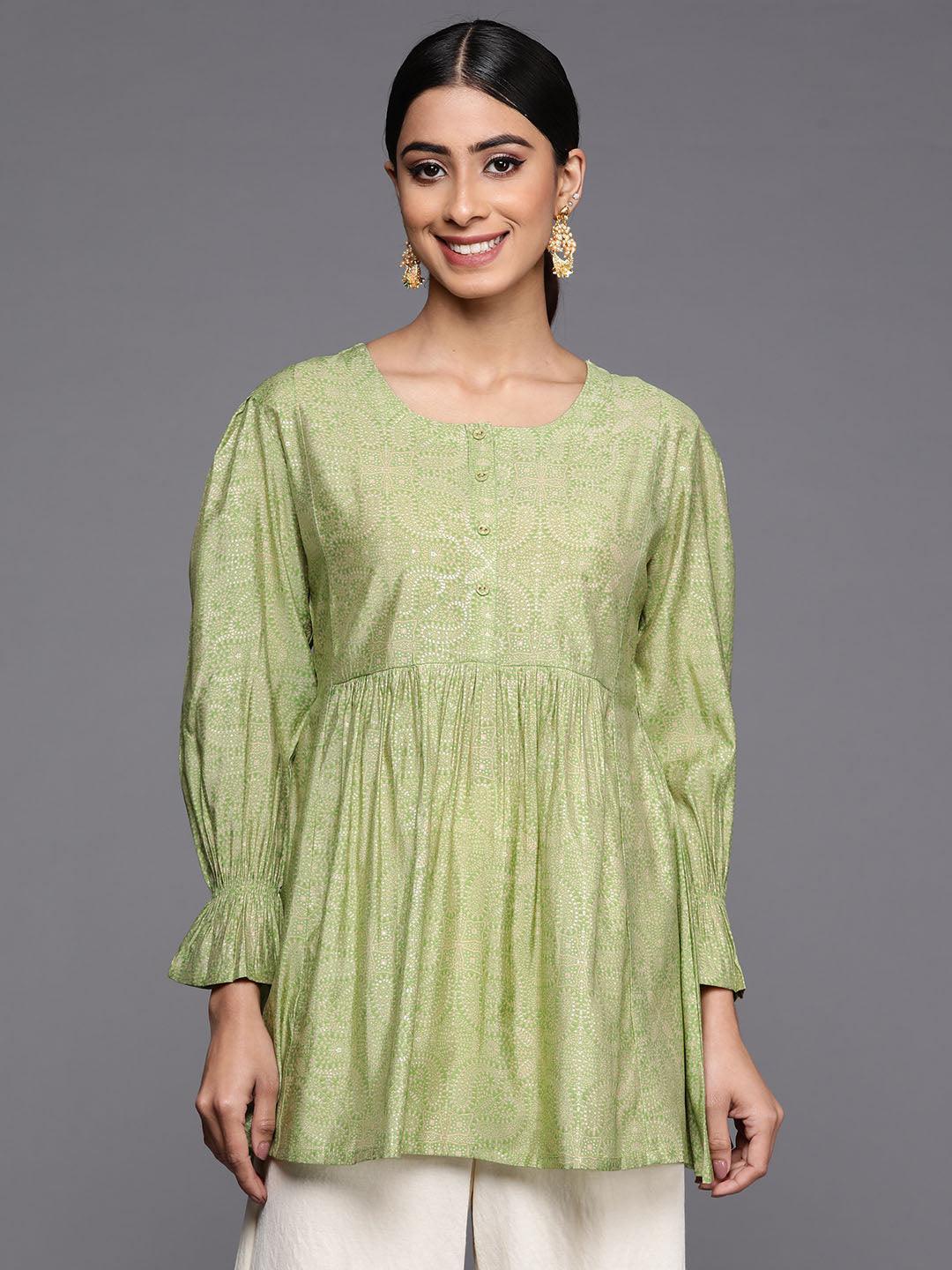 Green Printed Silk Blend A-Line Kurti