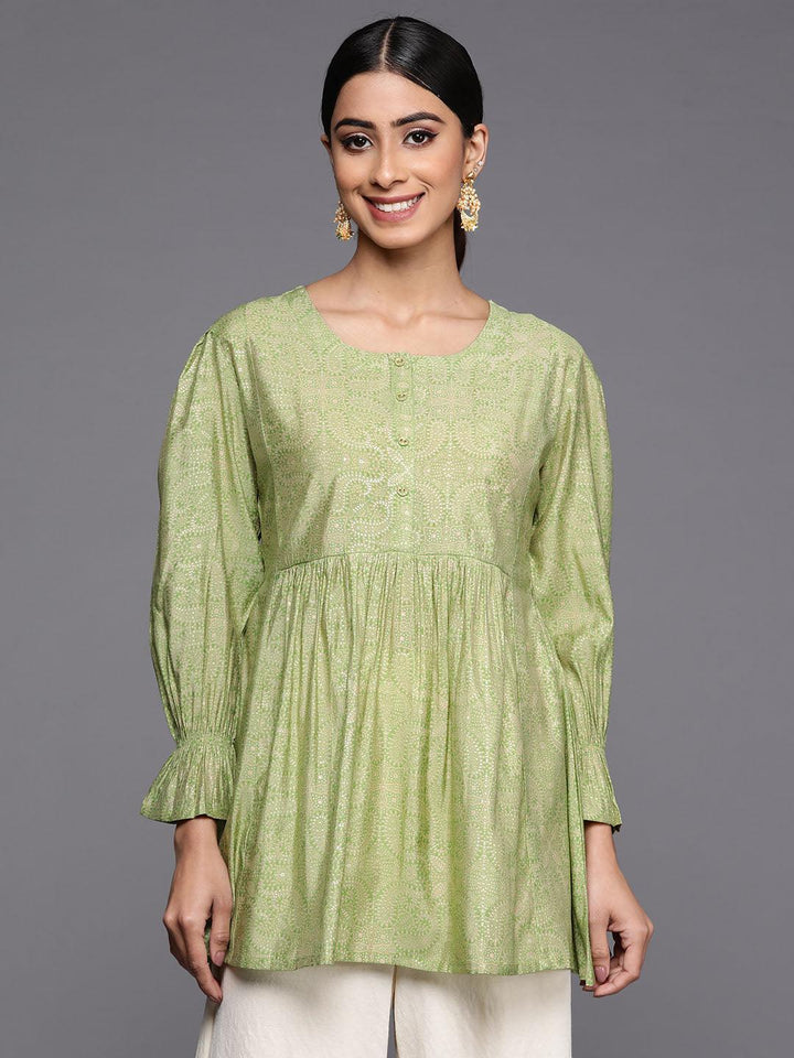 Green Printed Silk Blend A-Line Kurti - ShopLibas