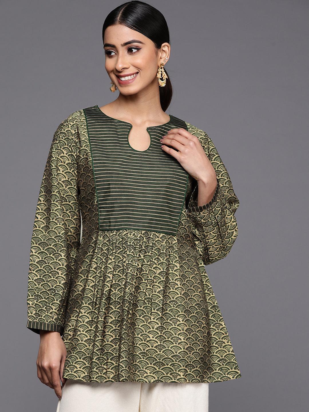 Green Printed Silk Blend A-Line Kurti - ShopLibas