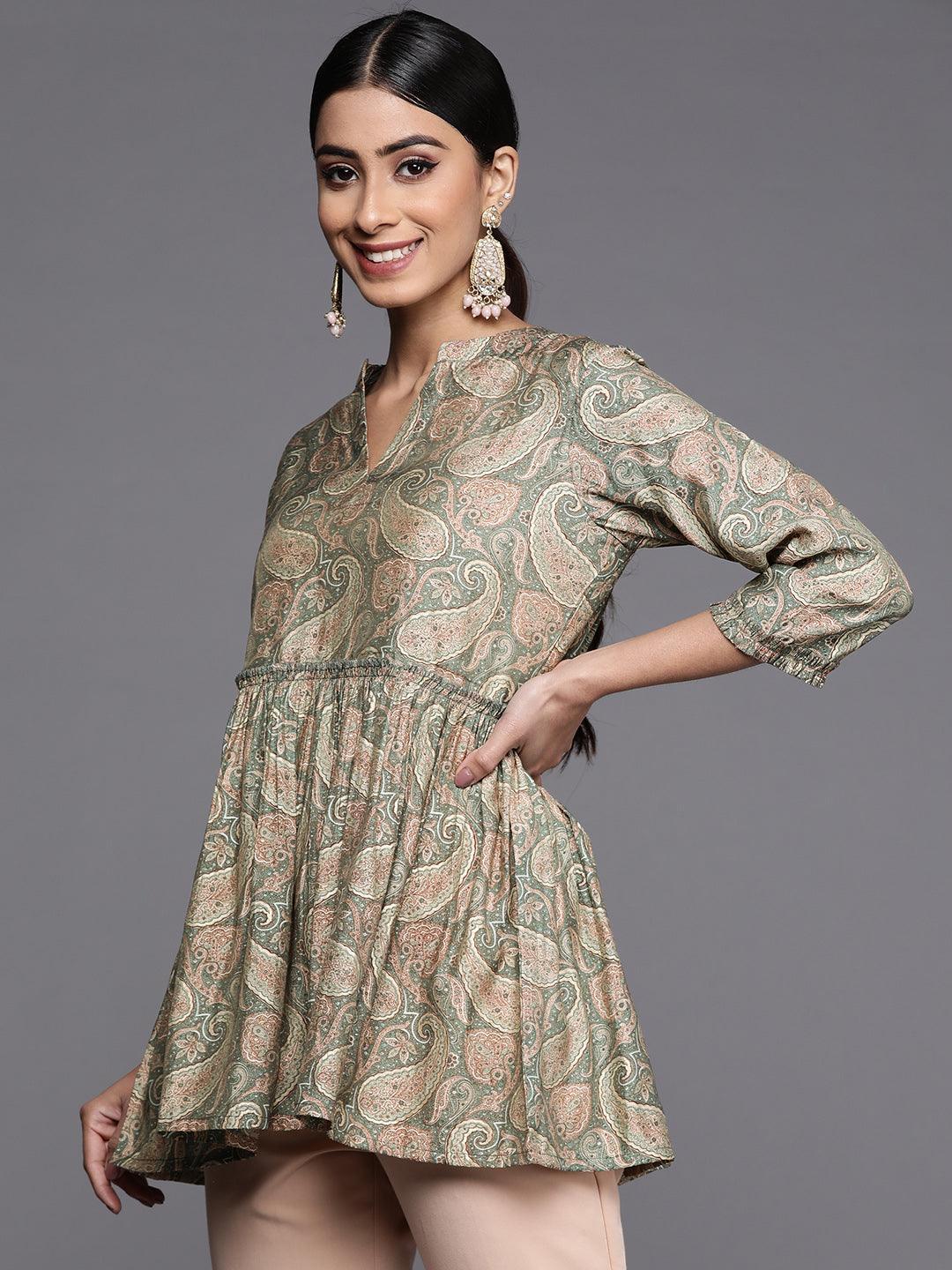 Green Printed Silk Blend A-Line Kurti