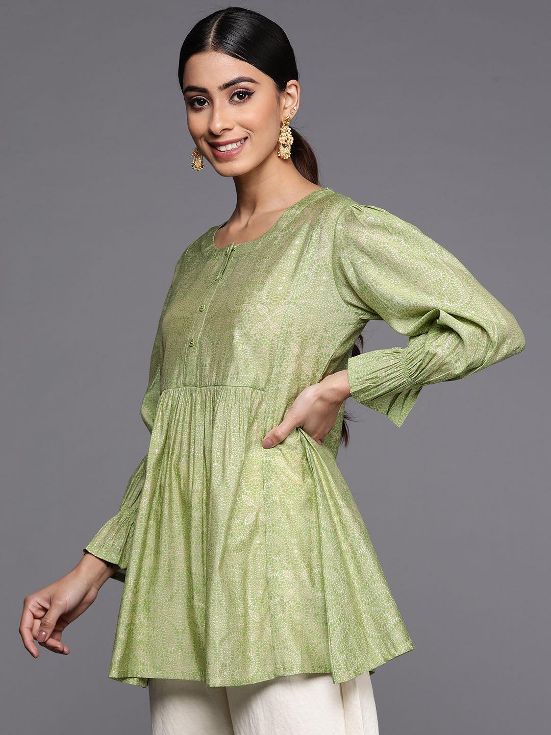 Green Printed Silk Blend A-Line Kurti