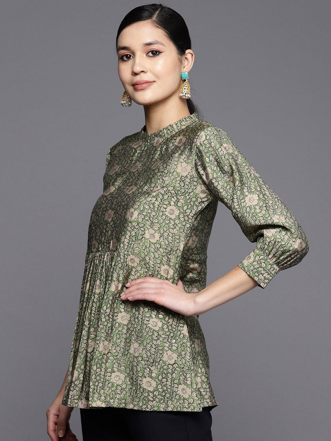 Green Printed Silk Blend A-Line Kurti