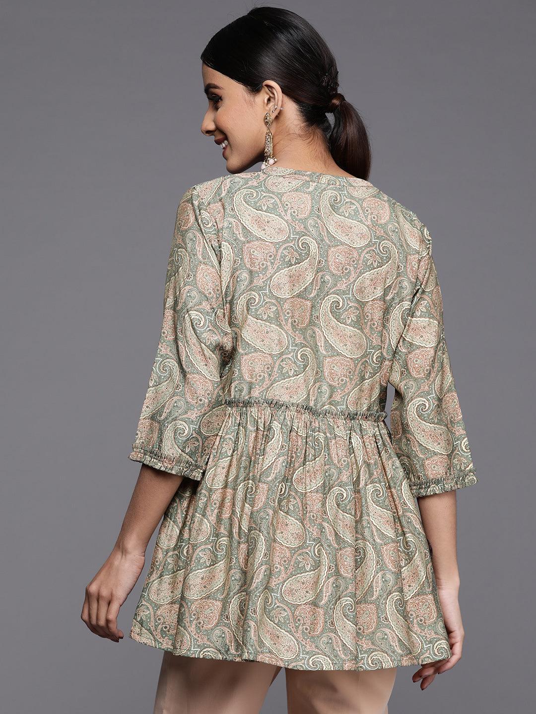 Green Printed Silk Blend A-Line Kurti