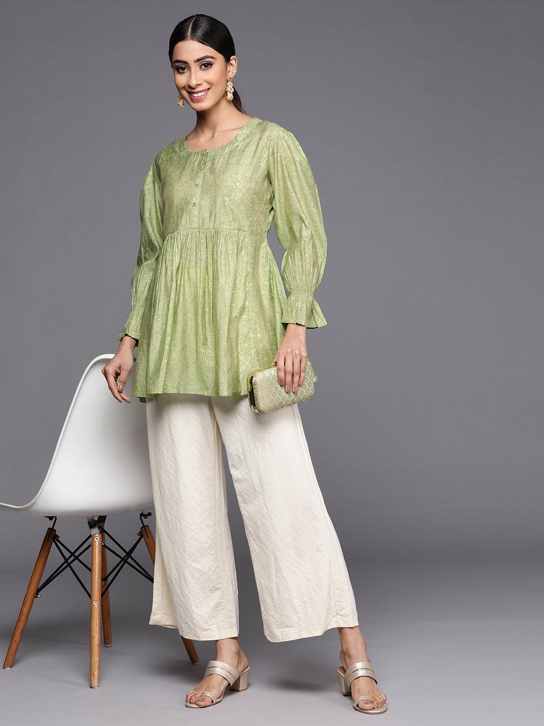 Green Printed Silk Blend A-Line Kurti