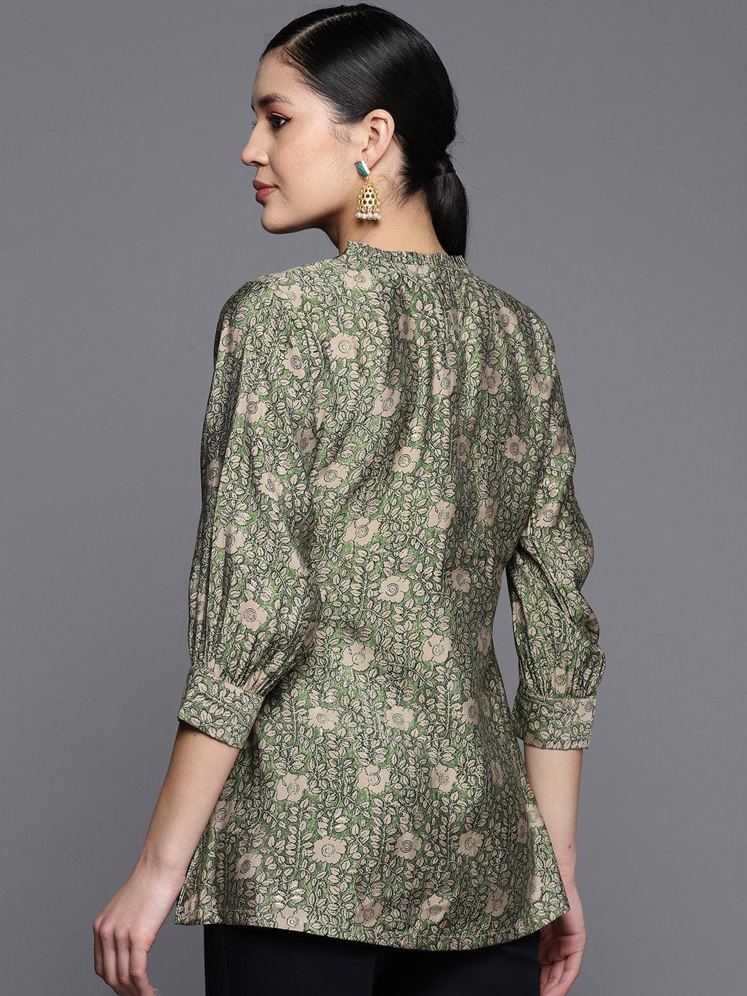 Green Printed Silk Blend A-Line Kurti