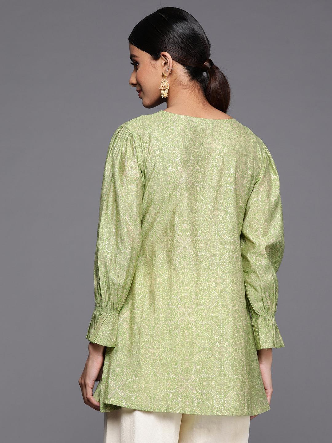 Green Printed Silk Blend A-Line Kurti