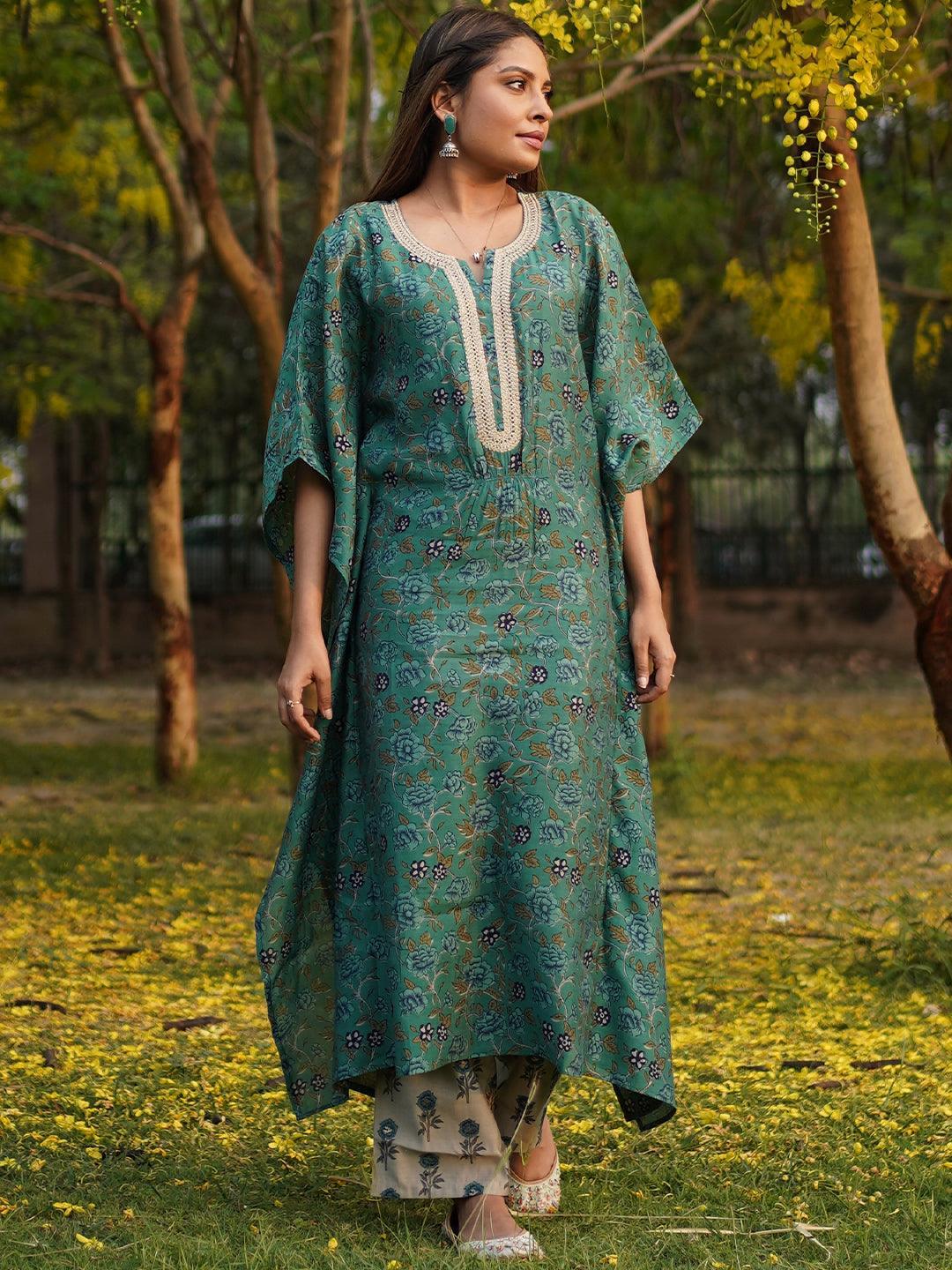 Green Printed Silk Blend Kaftan Kaftan With Palazzos