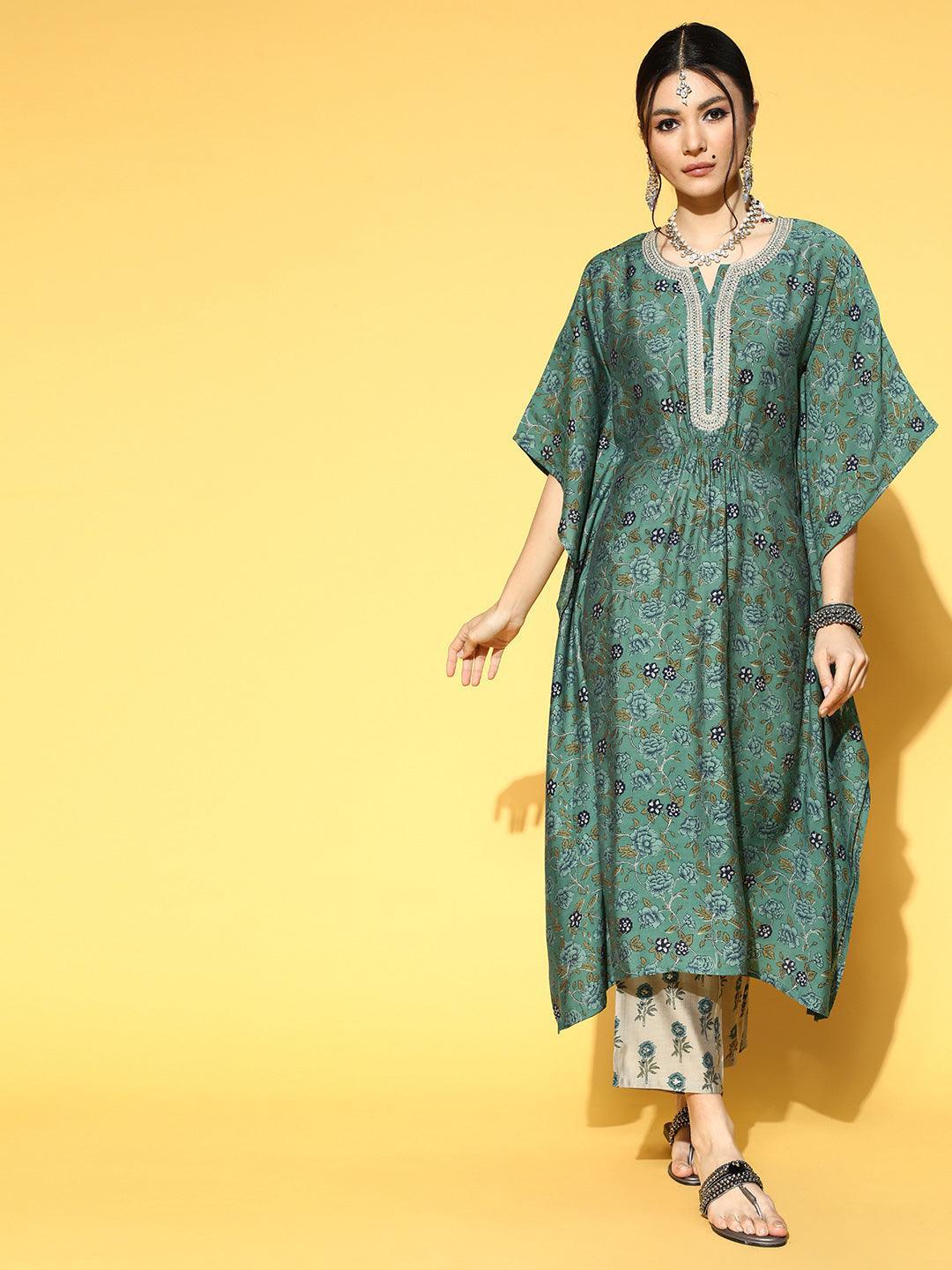 Green Printed Silk Blend Kurta Set - Libas