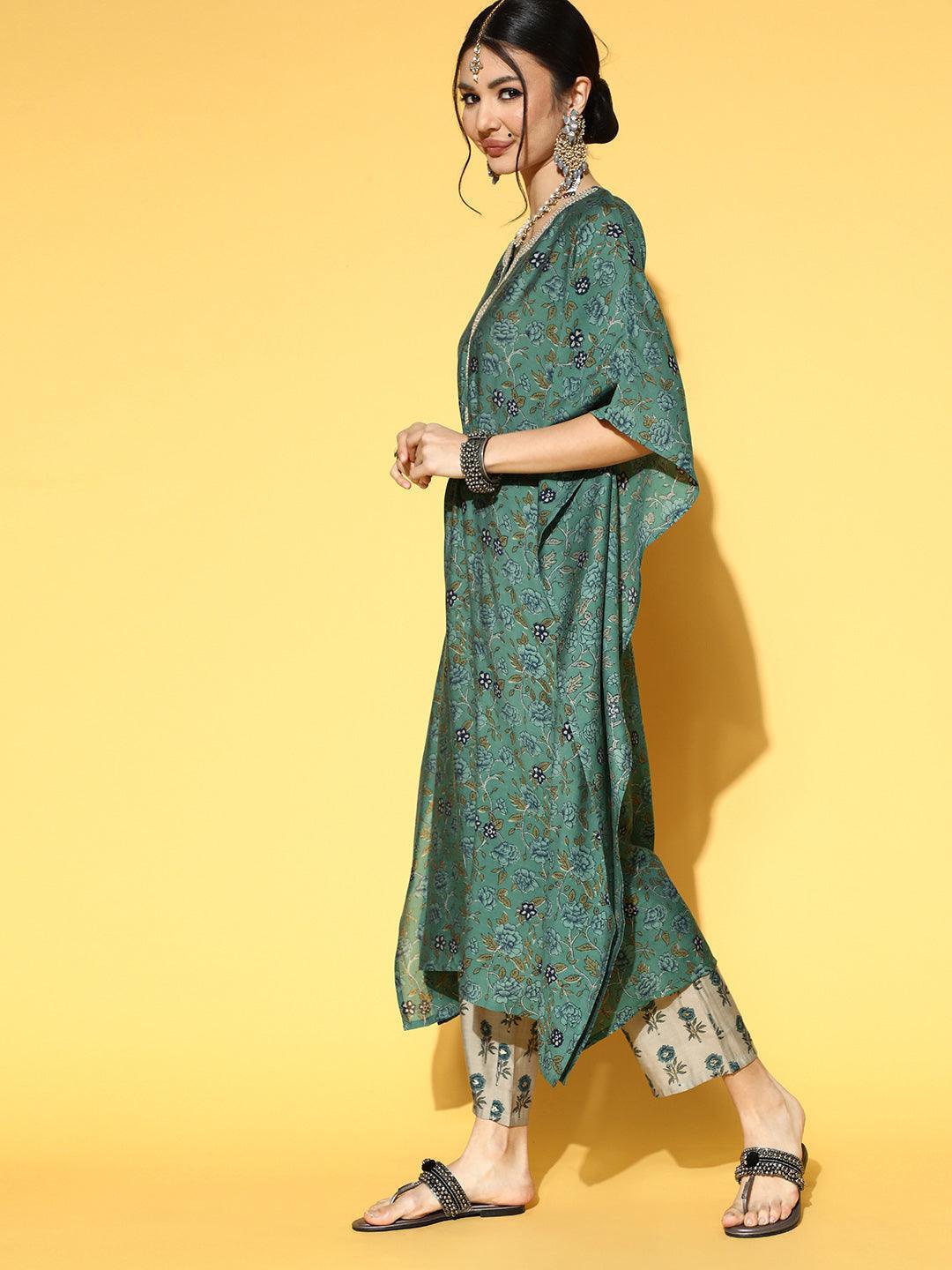 Green Printed Silk Blend Kaftan Kaftan With Palazzos