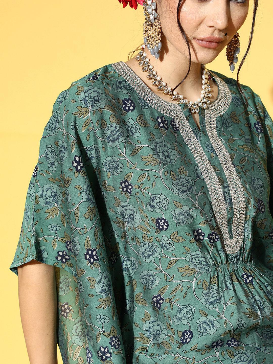 Green Printed Silk Blend Kaftan Kaftan With Palazzos