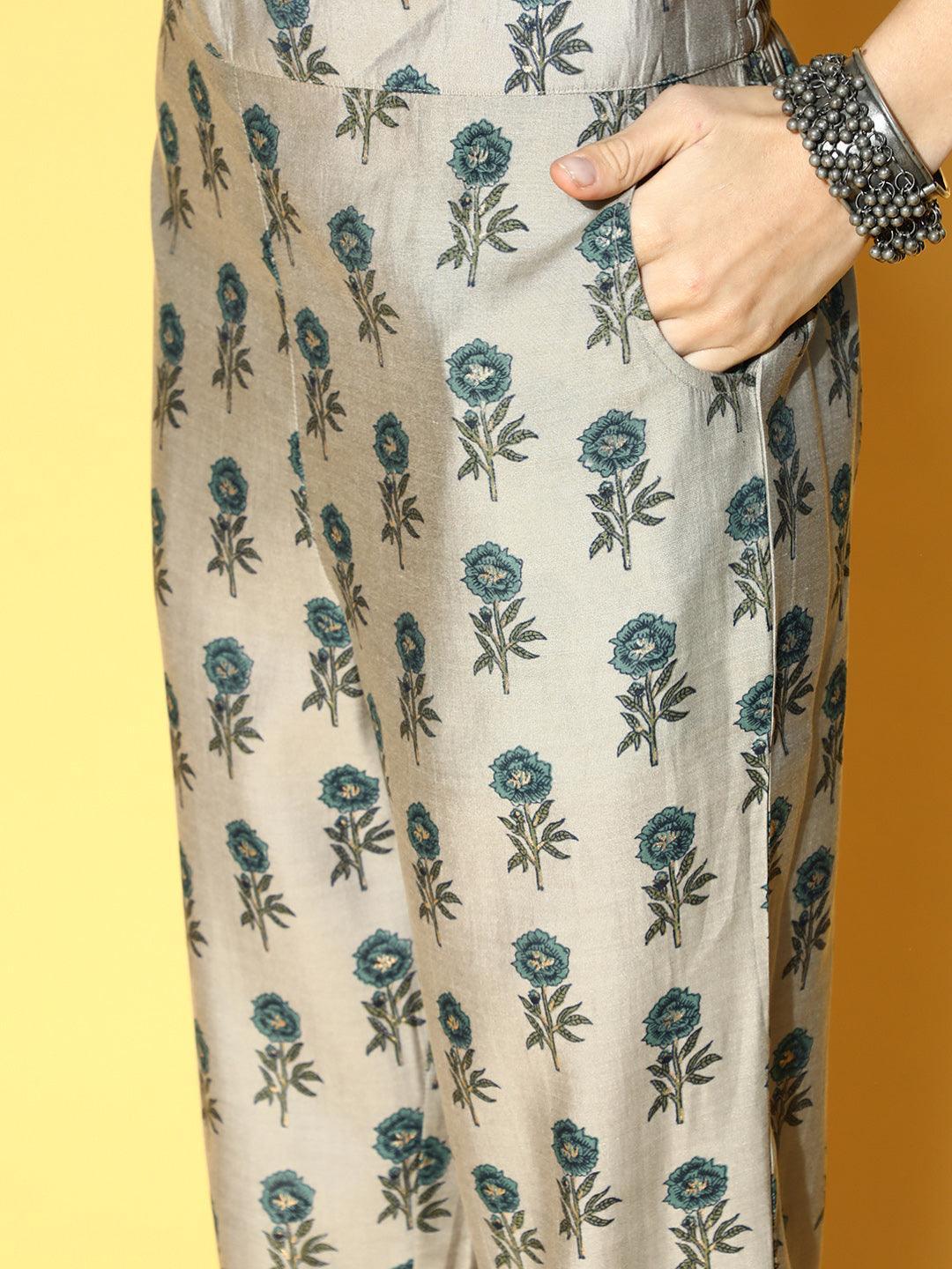 Green Printed Silk Blend Kaftan Kaftan With Palazzos