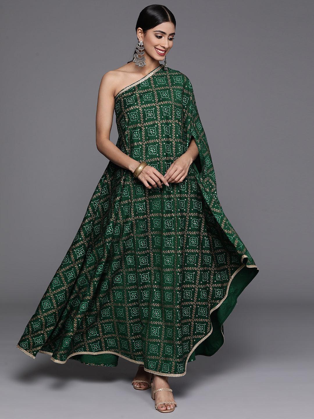 Green Printed Silk Blend Kaftan Kurta With Trousers