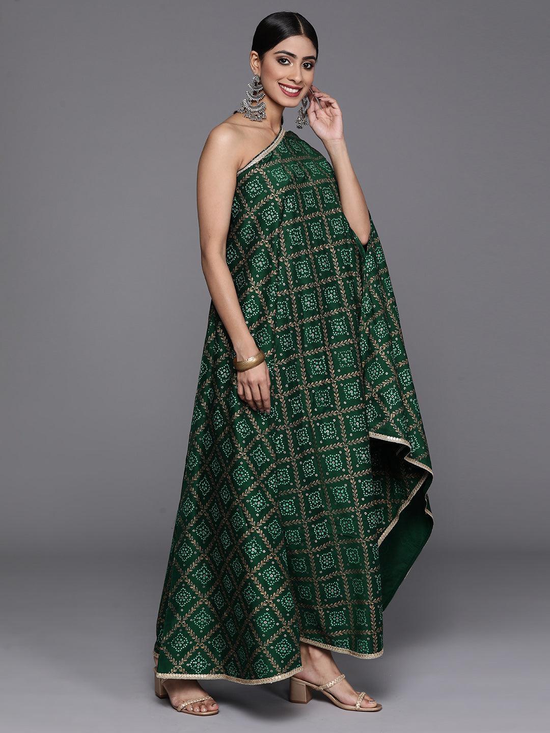 Green Printed Silk Blend Kaftan Kurta With Trousers