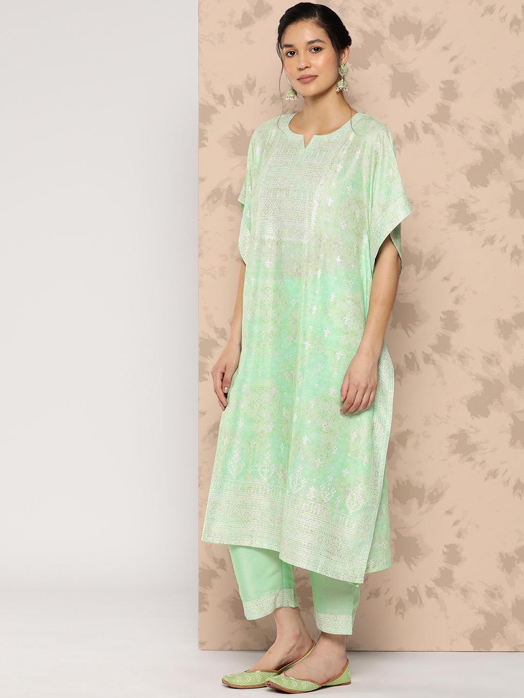 Green Printed Silk Blend Kaftan Kurta With Trousers