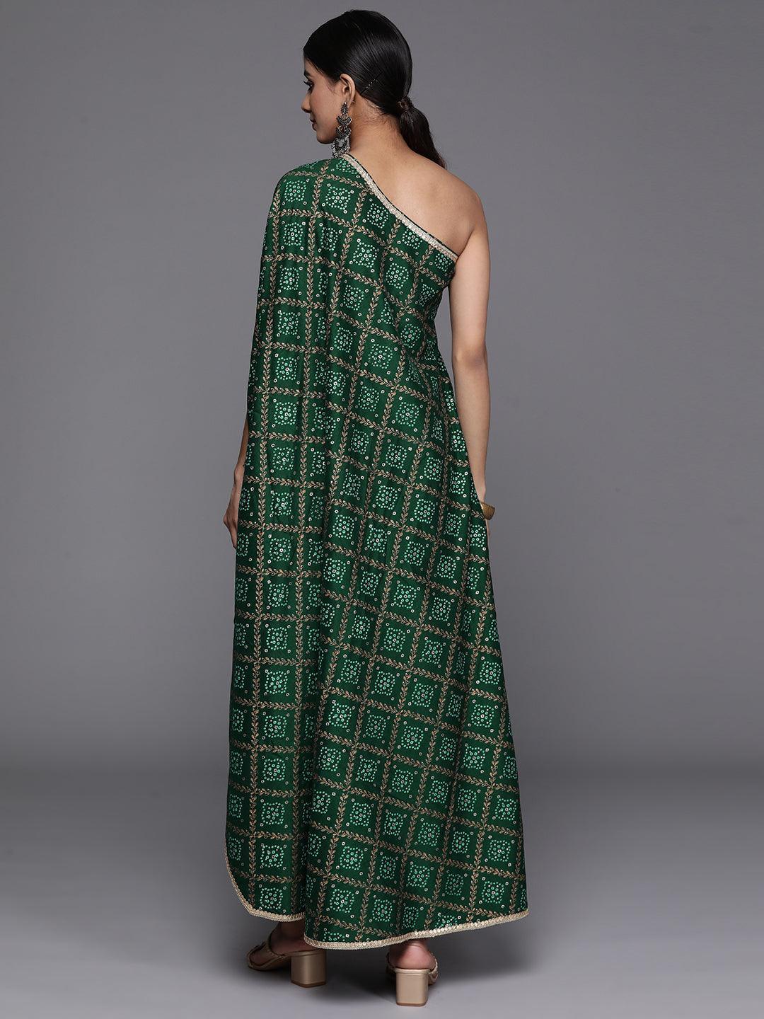 Green Printed Silk Blend Kaftan Kurta With Trousers