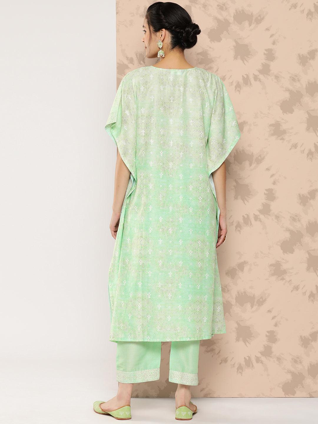 Green Printed Silk Blend Kaftan Kurta With Trousers