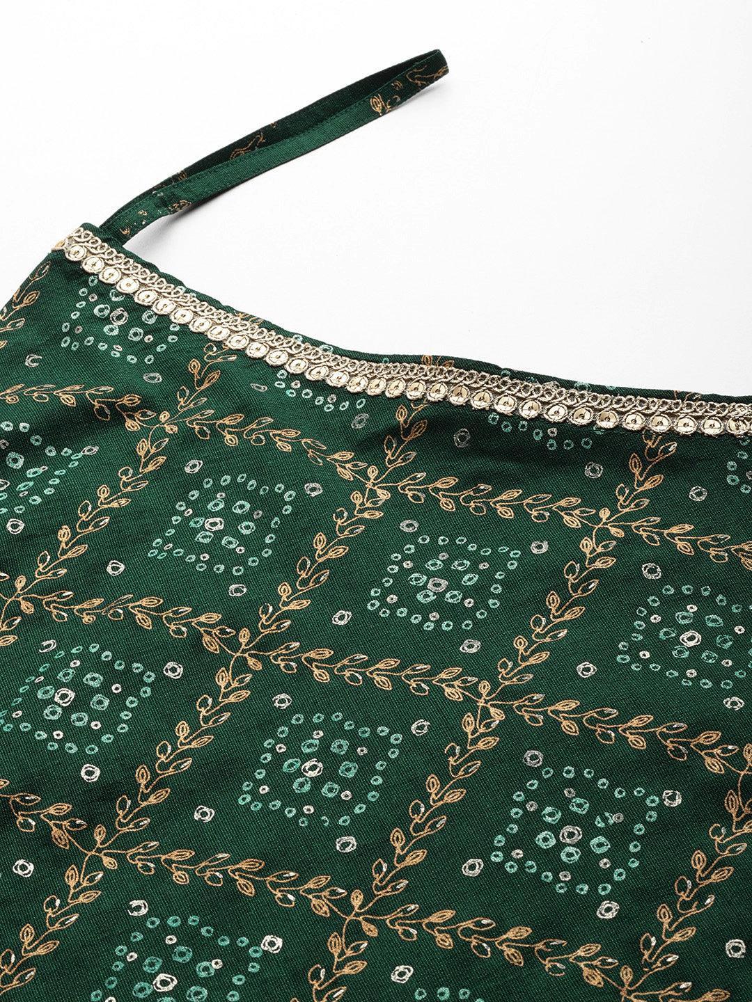 Green Printed Silk Blend Kaftan Kurta With Trousers