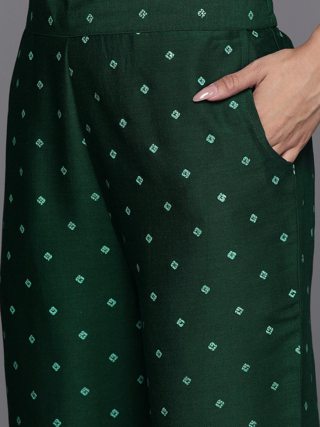 Green Printed Silk Blend Kaftan Kurta With Trousers