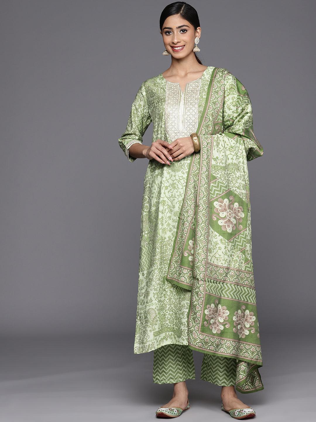 Green Printed Silk Blend Straight Kurta With Trousers & Dupatta