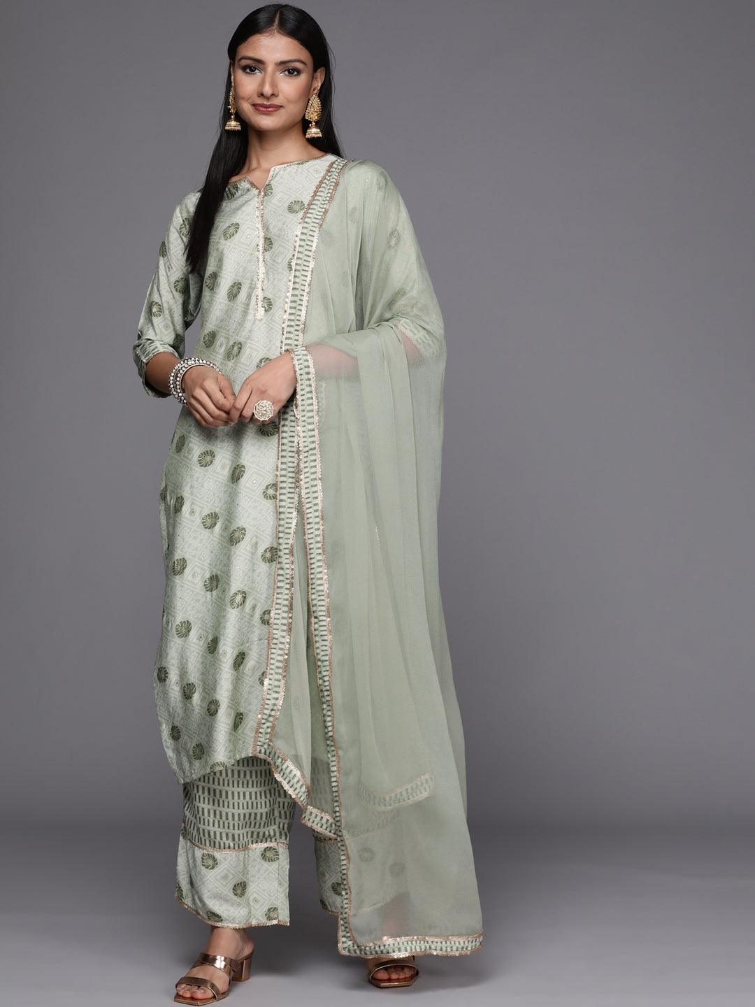 Green Printed Silk Blend Straight Suit Set