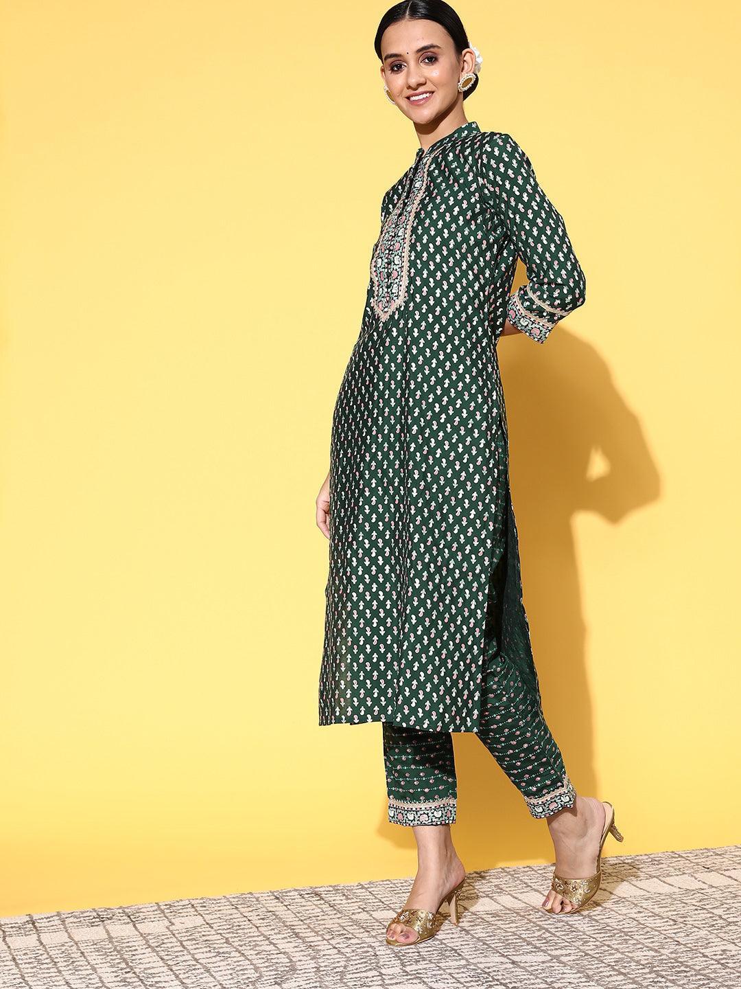 Green Printed Silk Blend Straight Kurta With Dupatta