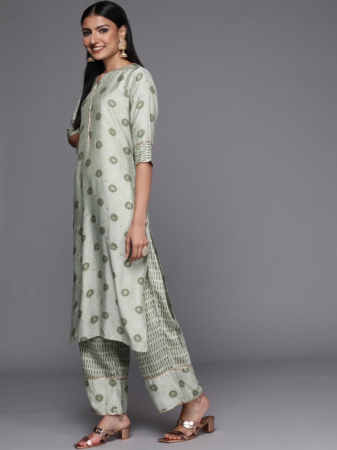 Green Printed Silk Blend Straight Suit Set