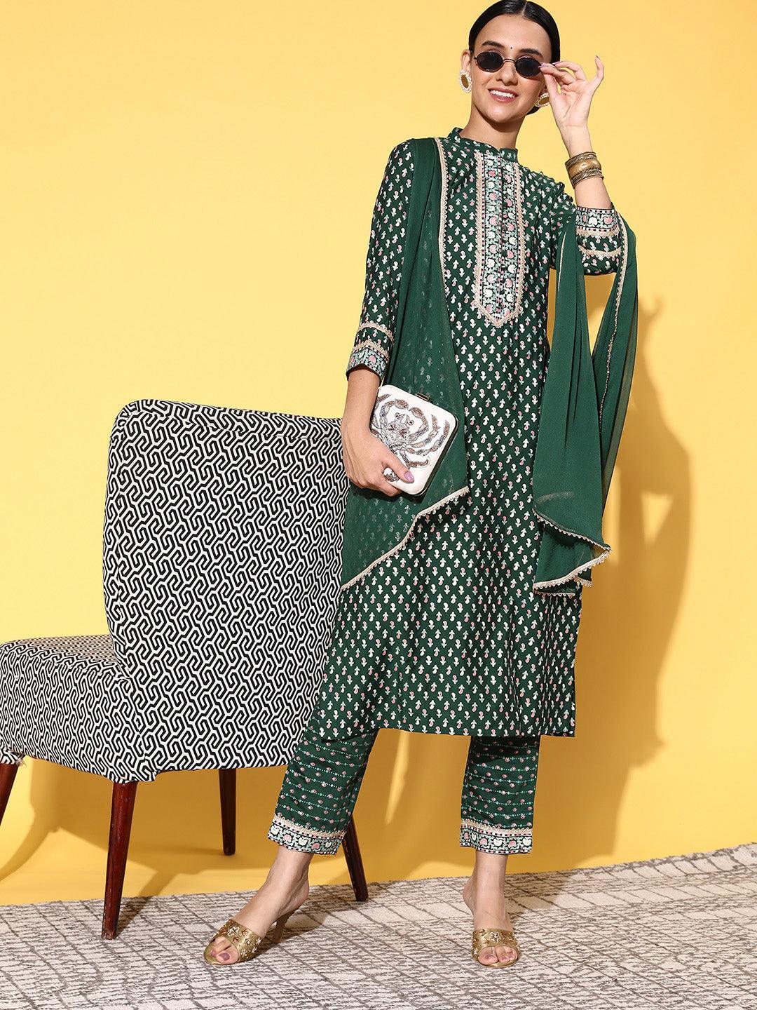 Green Printed Silk Blend Straight Kurta With Dupatta