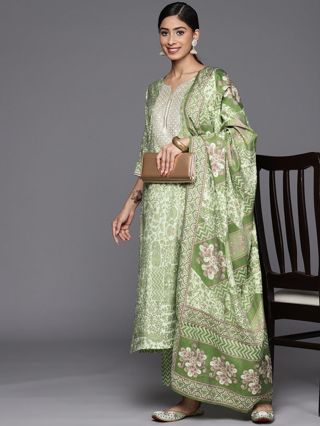 Green Printed Silk Blend Straight Kurta With Trousers & Dupatta