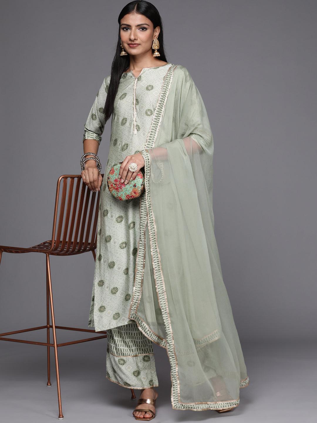 Green Printed Silk Blend Straight Suit Set