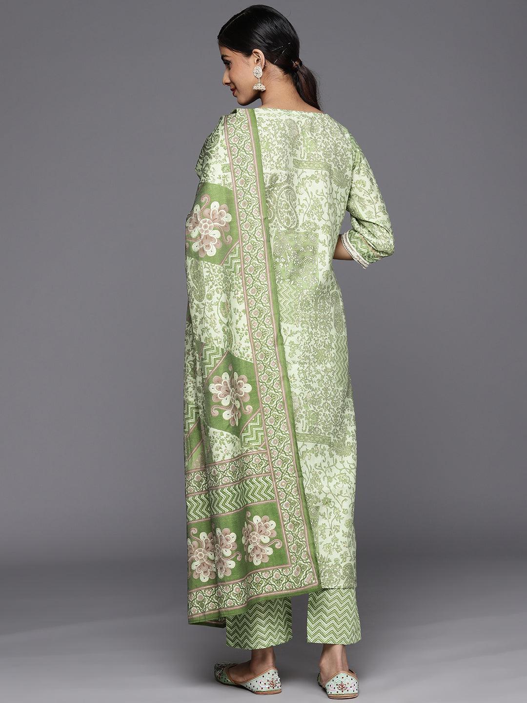 Green Printed Silk Blend Straight Kurta With Trousers & Dupatta