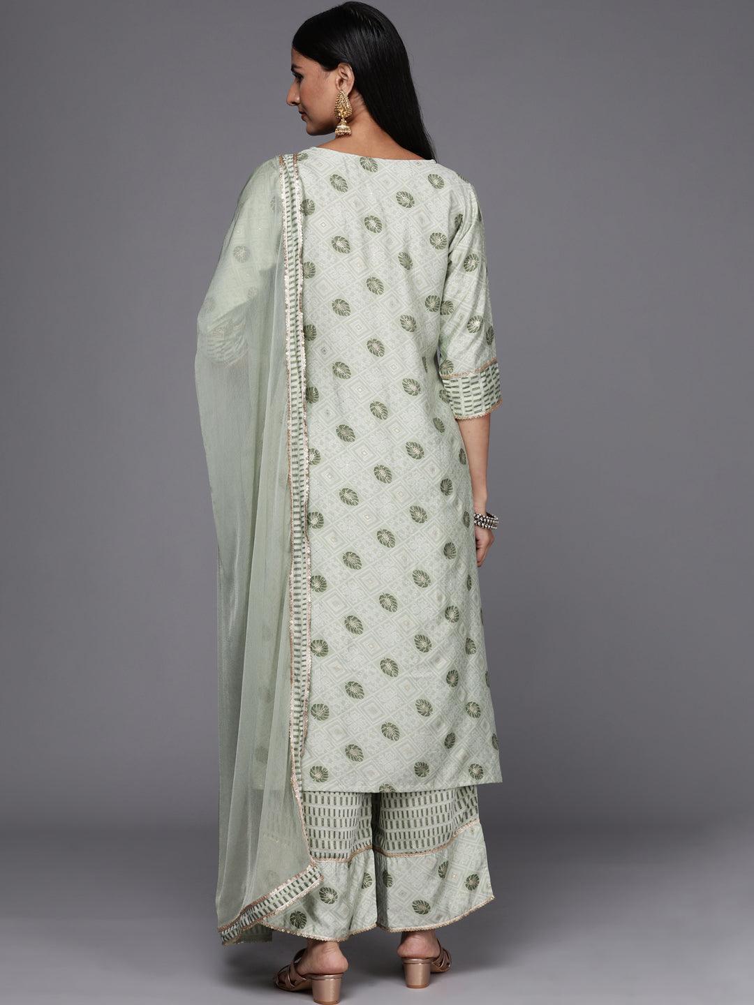 Green Printed Silk Blend Straight Suit Set