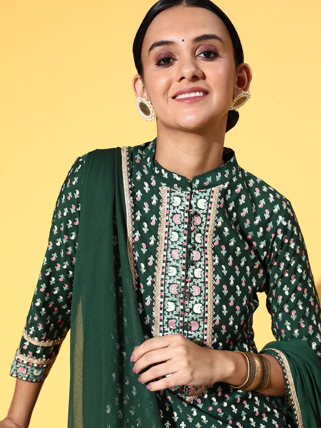 Green Printed Silk Blend Straight Kurta With Dupatta