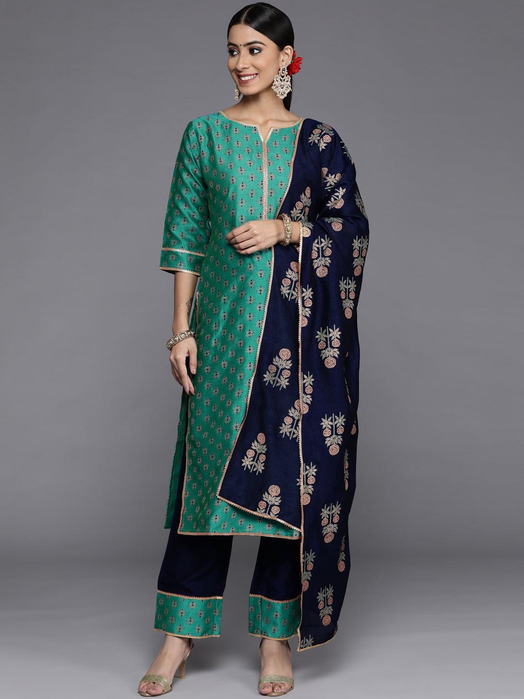 Green Printed Silk Blend Straight Kurta With Palazzos & Dupatta