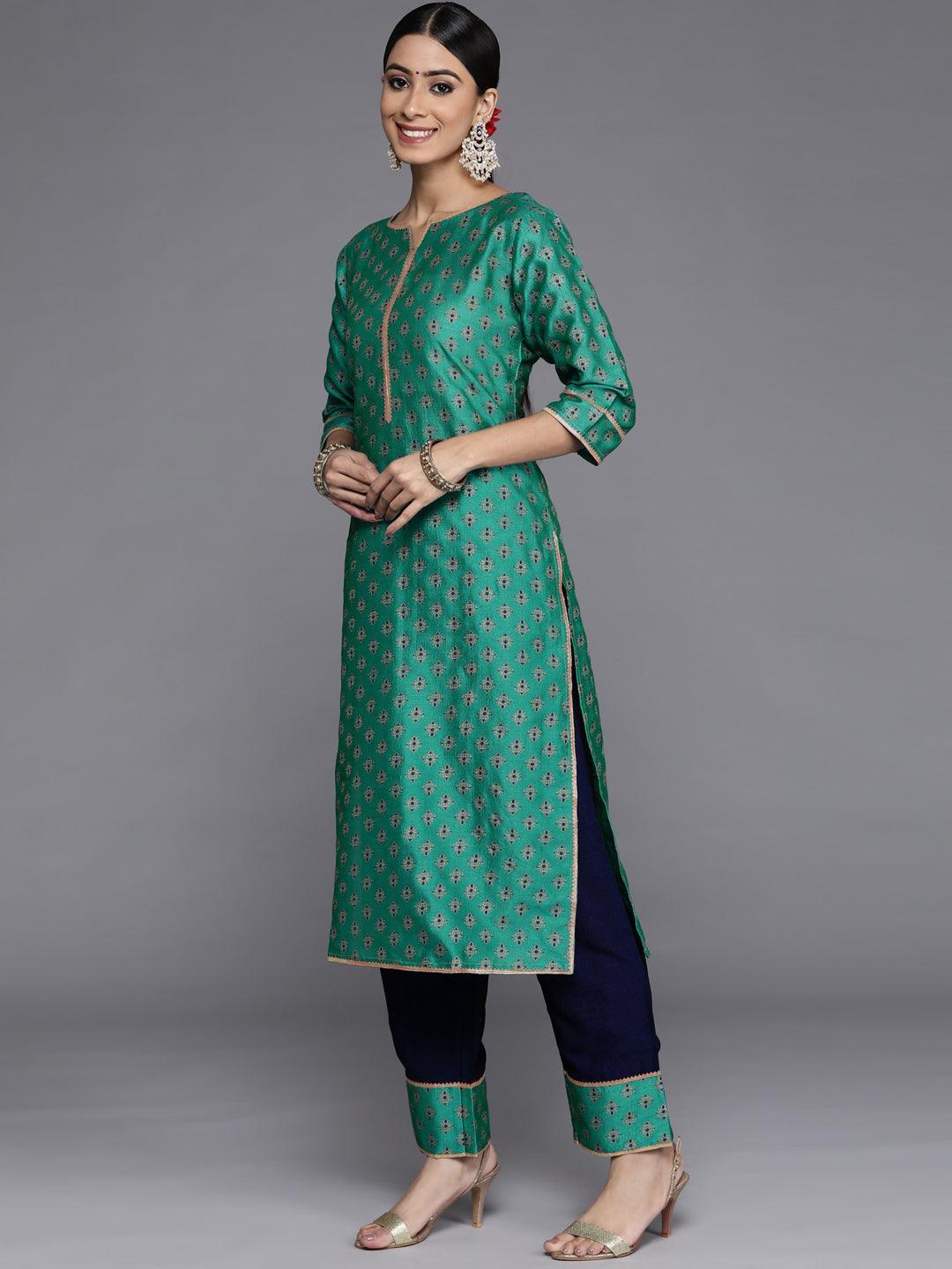 Green Printed Silk Blend Straight Kurta With Palazzos & Dupatta