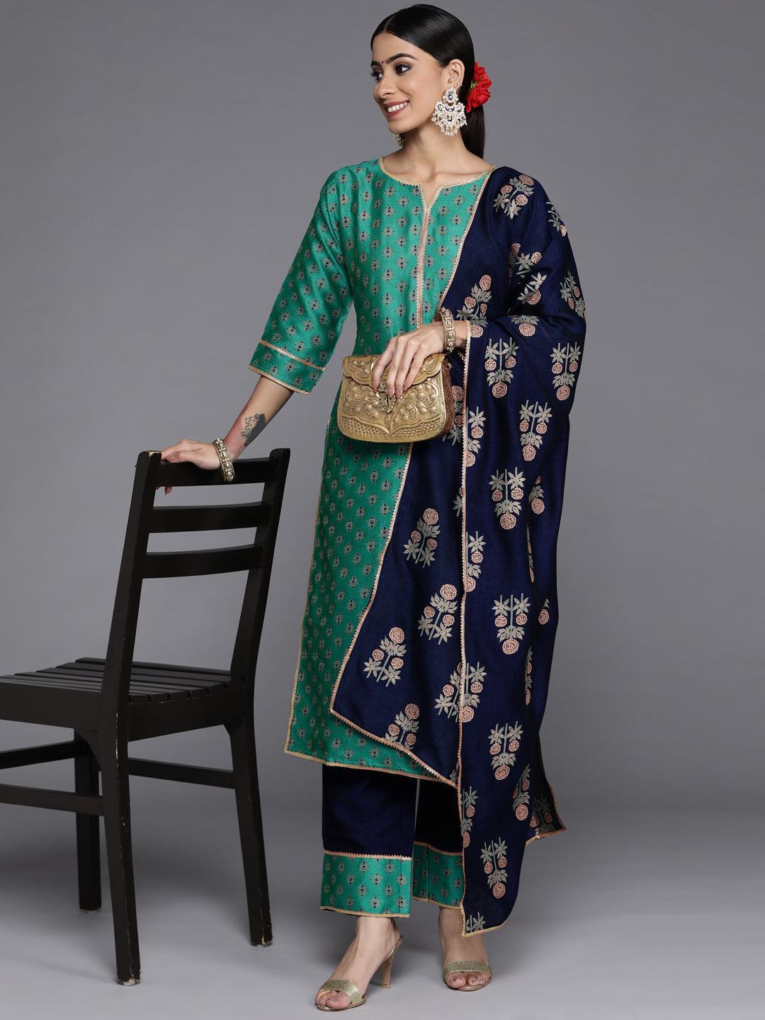 Green Printed Silk Blend Straight Kurta With Palazzos & Dupatta