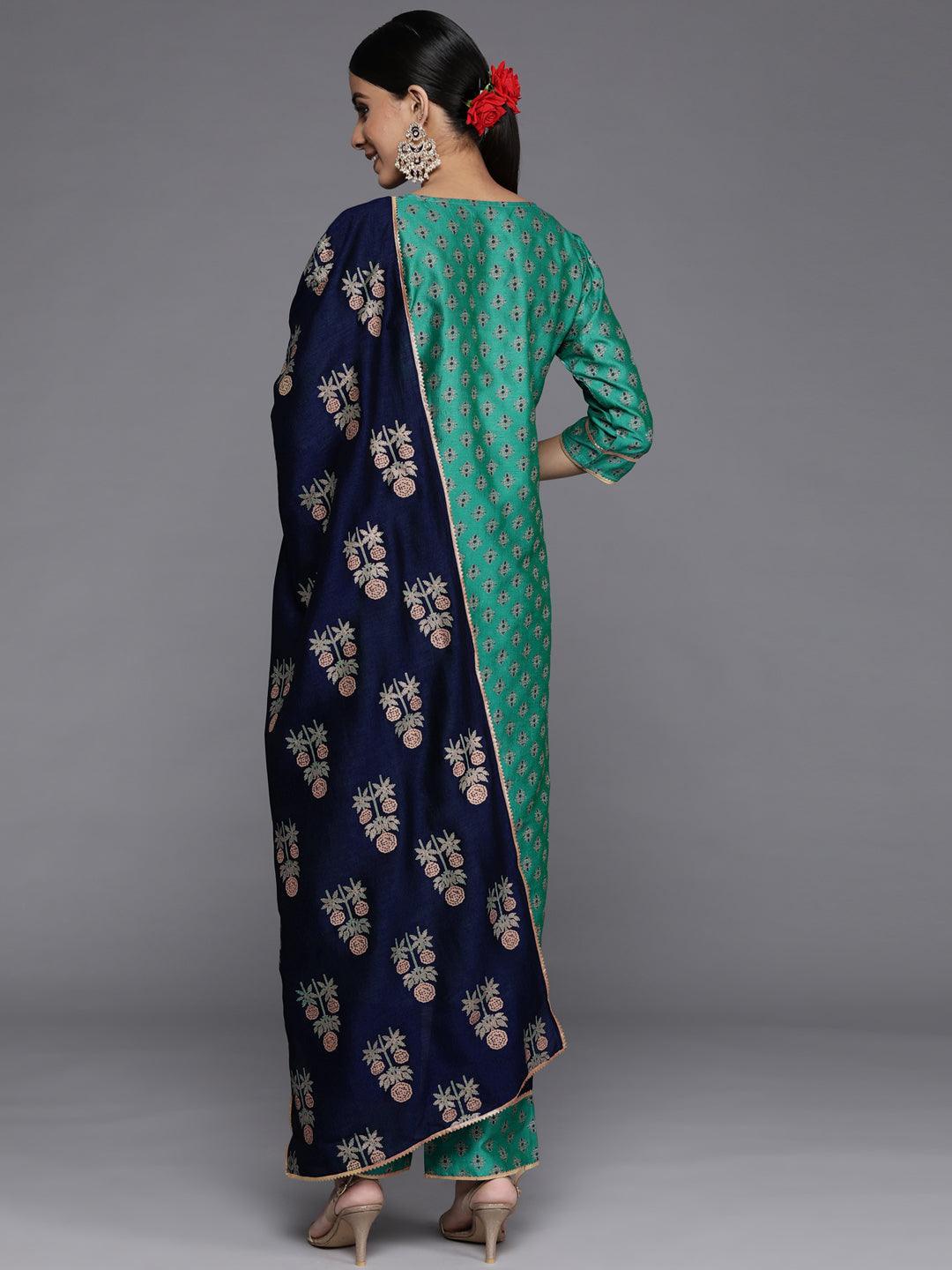 Green Printed Silk Blend Straight Kurta With Palazzos & Dupatta