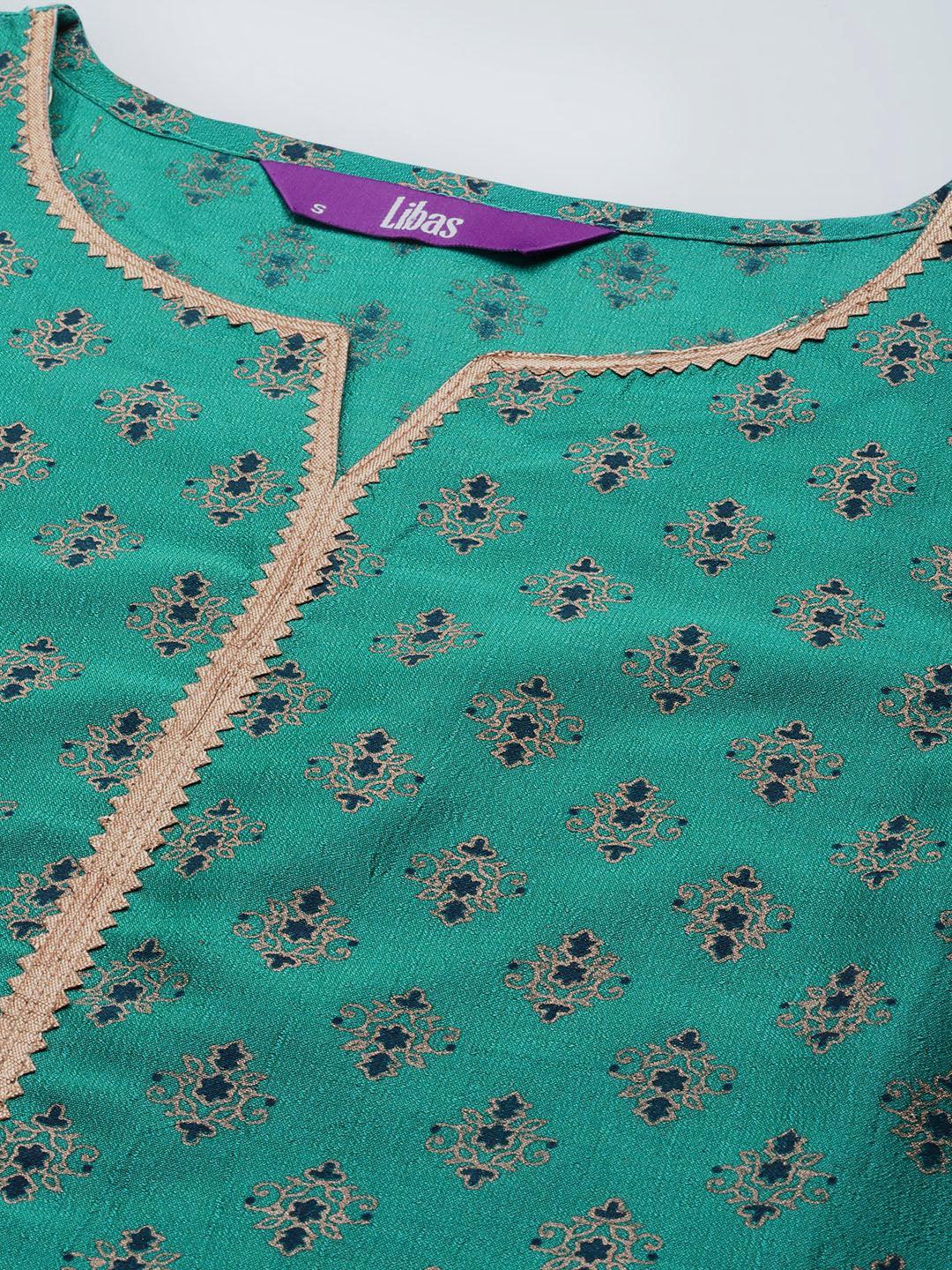 Green Printed Silk Blend Straight Kurta With Palazzos & Dupatta