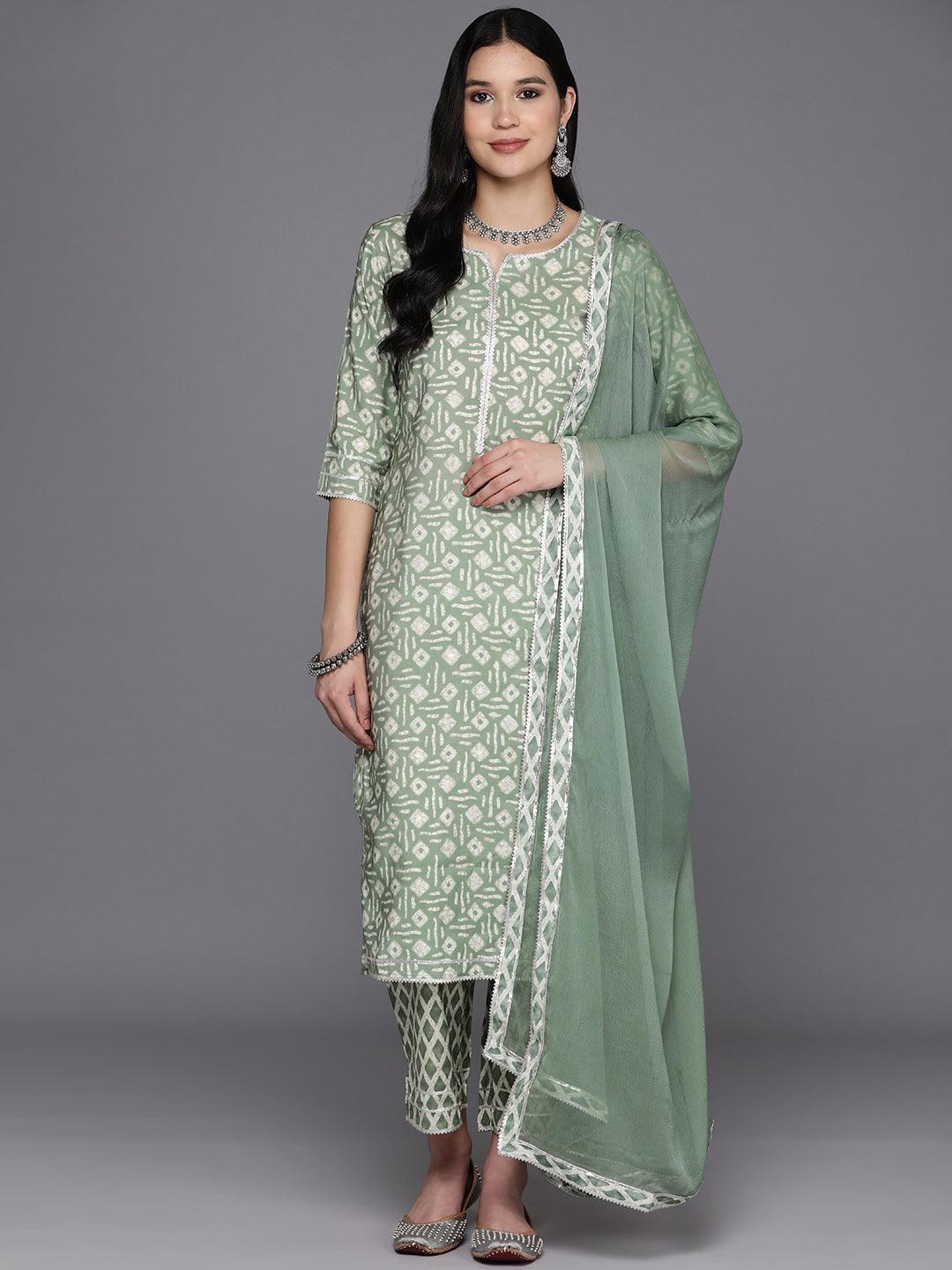 Green Printed Silk Blend Straight Kurta With Trousers & Dupatta