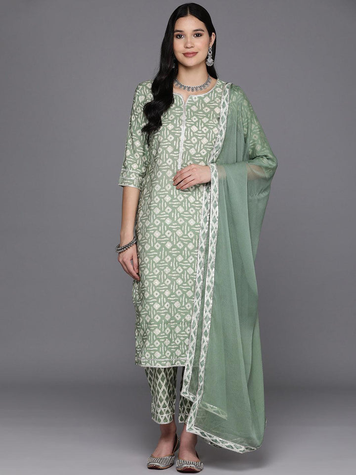 Green Printed Silk Blend Straight Suit Set With Trousers - Libas