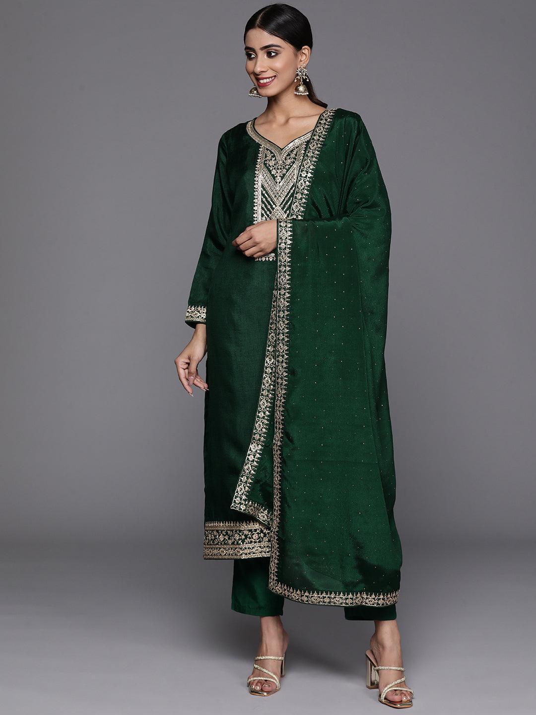 Green Printed Silk Blend Straight Kurta With Trousers & Dupatta