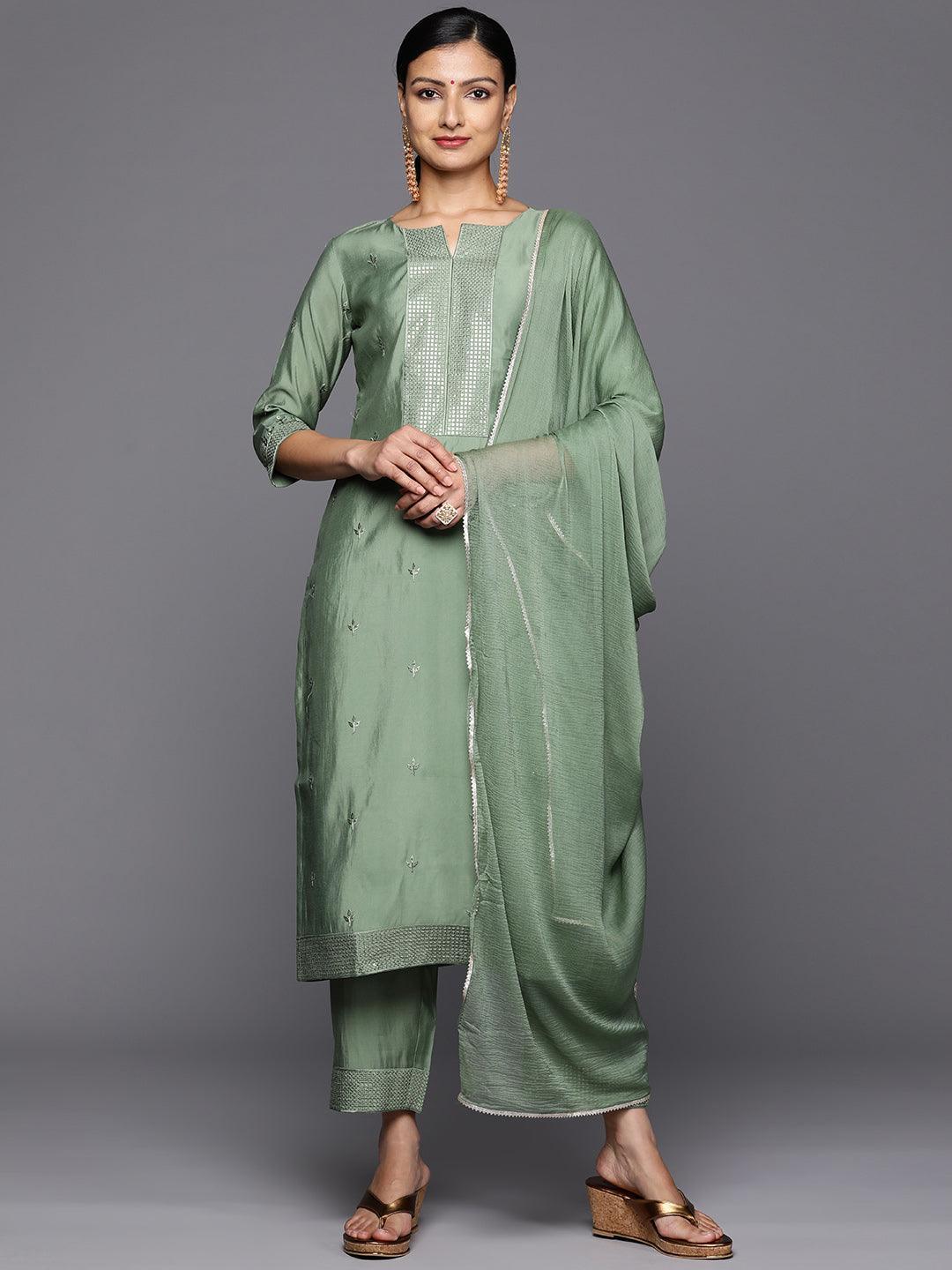 Green Printed Silk Blend Straight Kurta With Trousers & Dupatta