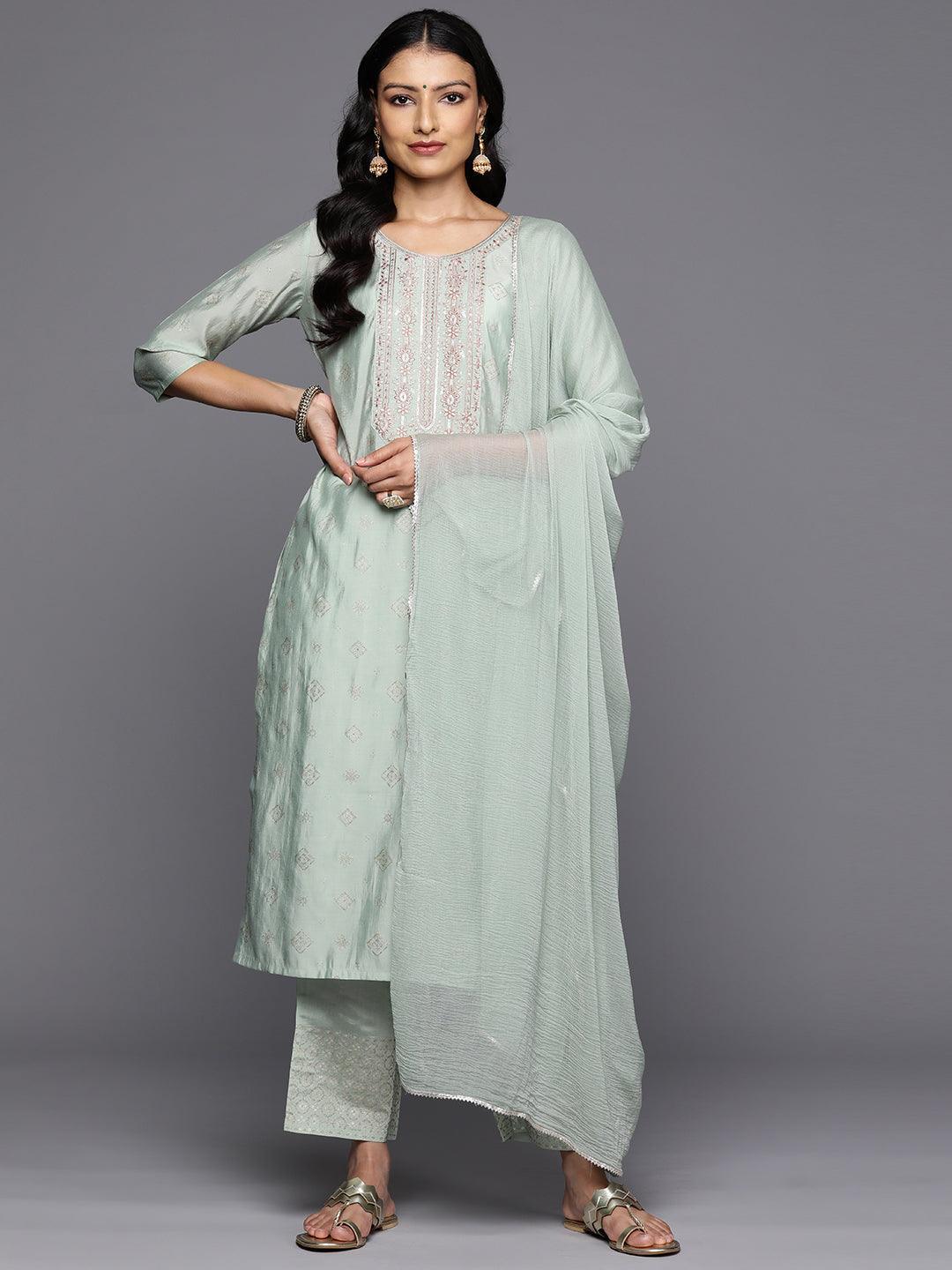 Green Printed Silk Blend Straight Kurta With Trousers & Dupatta