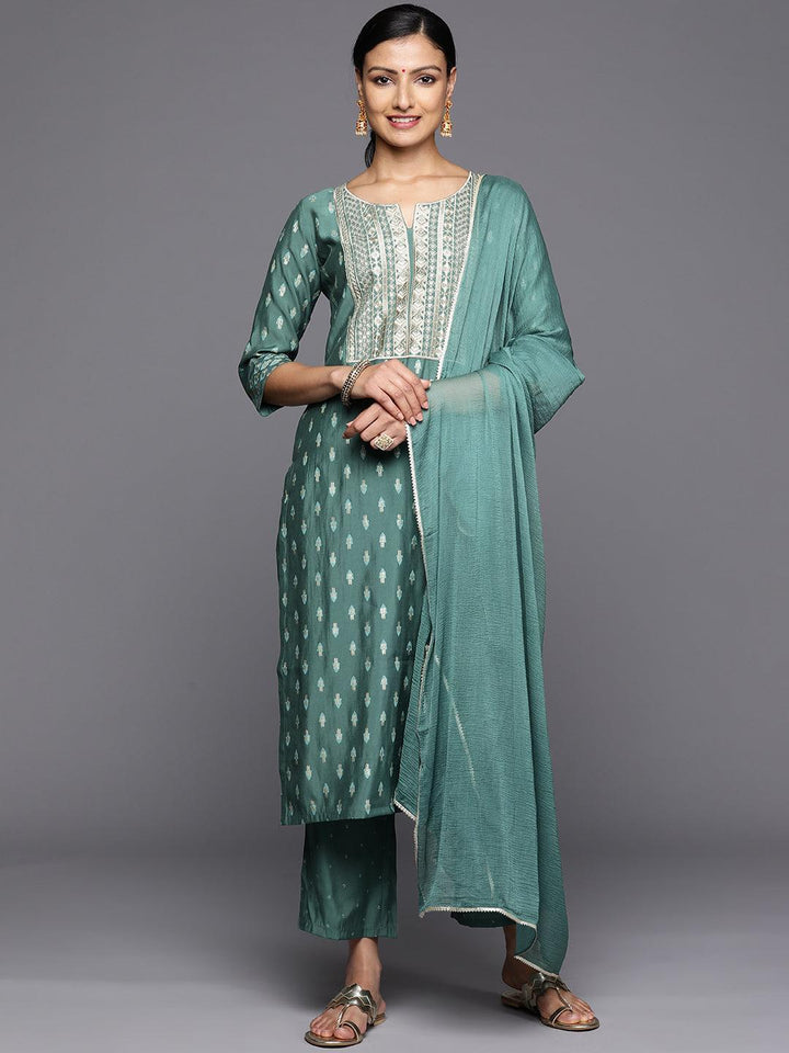 Green Printed Silk Blend Straight Kurta With Trousers & Dupatta - Libas