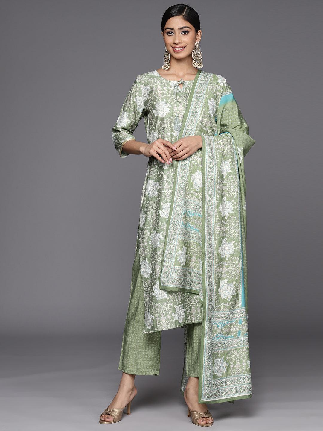 Green Printed Silk Blend Straight Suit Set With Trousers