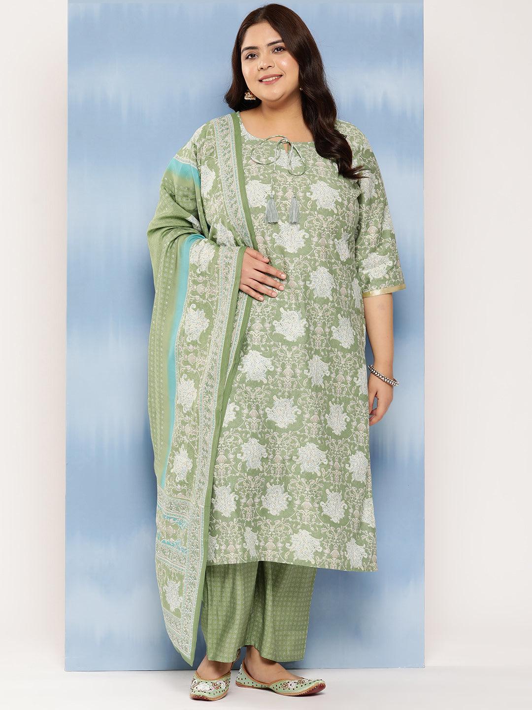 Green Printed Silk Blend Straight Kurta With Trousers and Dupatta