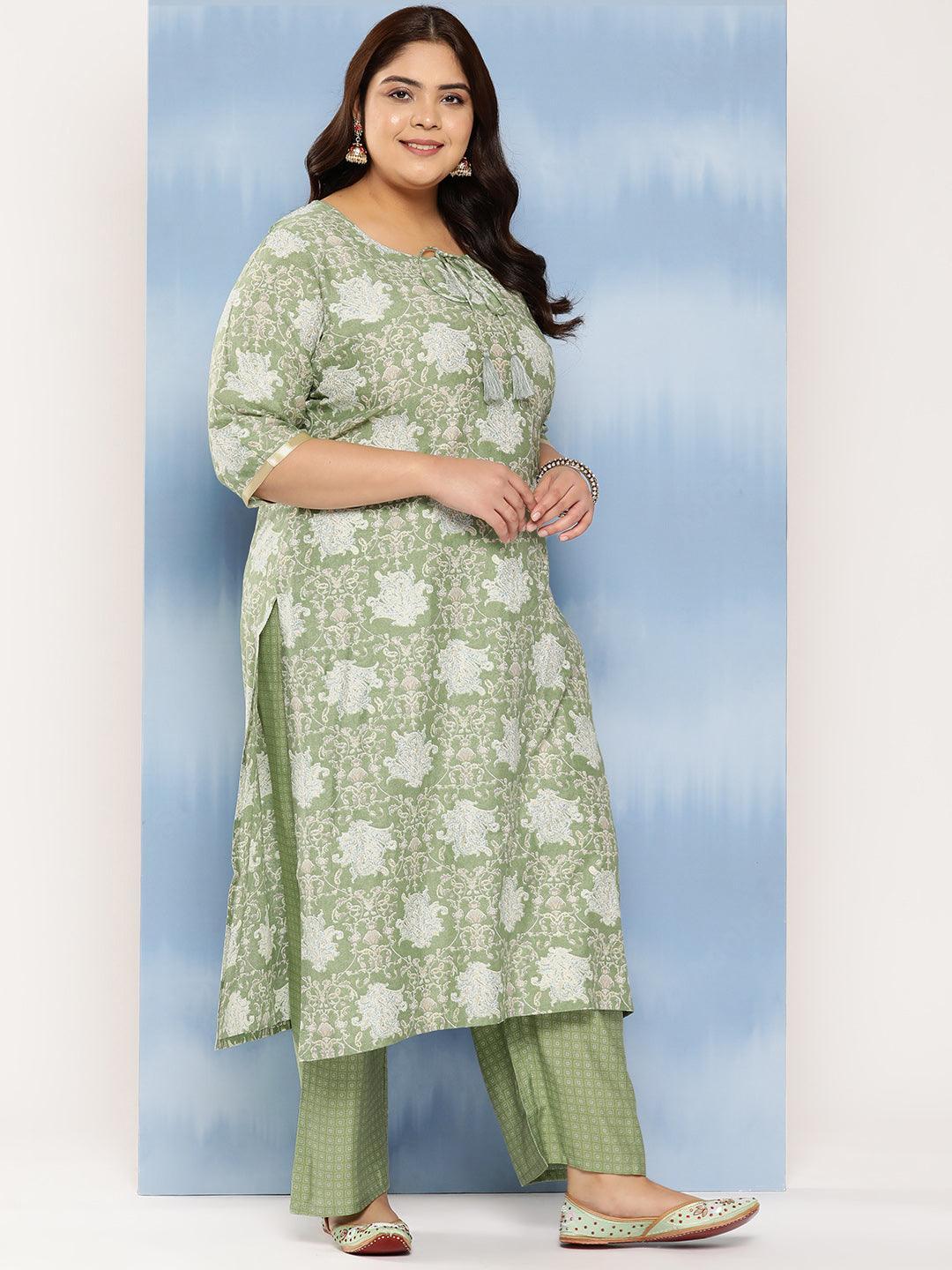 Green Printed Silk Blend Straight Kurta With Trousers and Dupatta